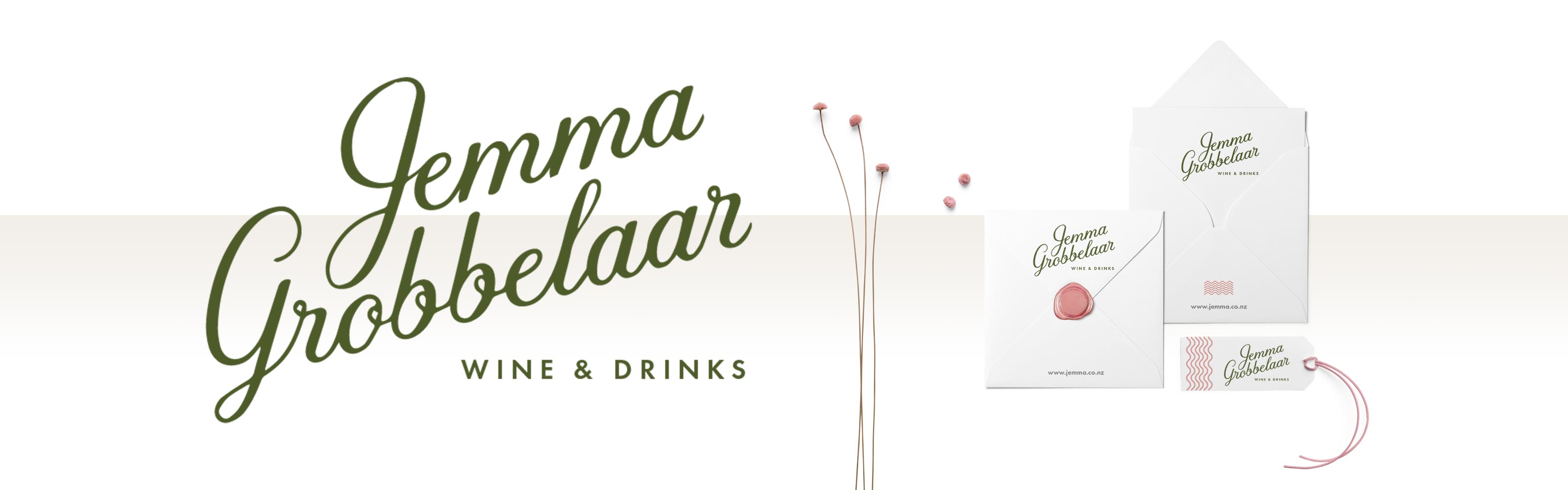 The Jemma Grobbelaar Wine & Drinks logo with envelopes, a wax seal and a gift tag