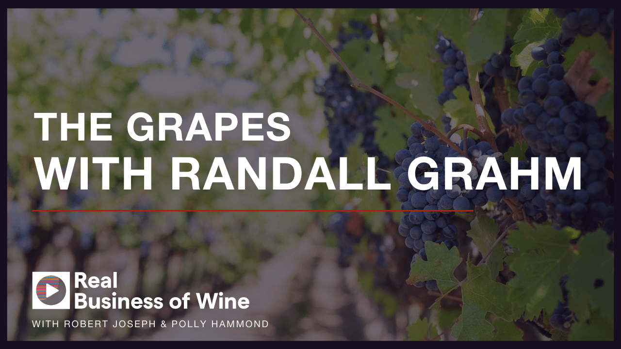 Background picture of grapes in the vine. Text says "The grapes with Randall Grahm"