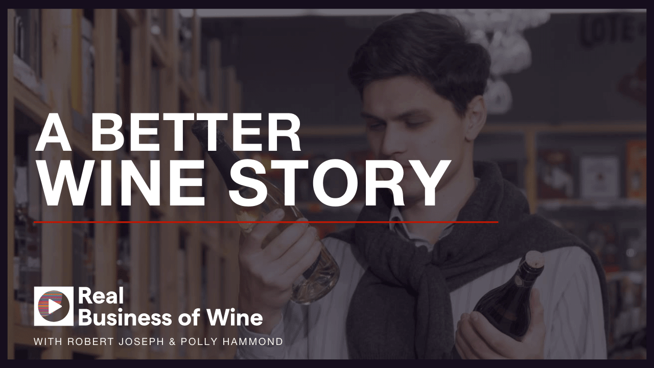 A male preppy consumer holding two bottles of wine and reading the labels to compare them. Text reads "a better wine story".