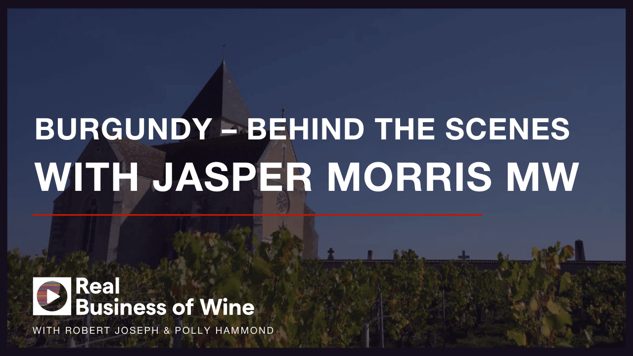 A picture of vineyards in Burgundy, with a old chapel in the back. Text reads "Burgundy - behind the scenes with Jasper Morris MW".