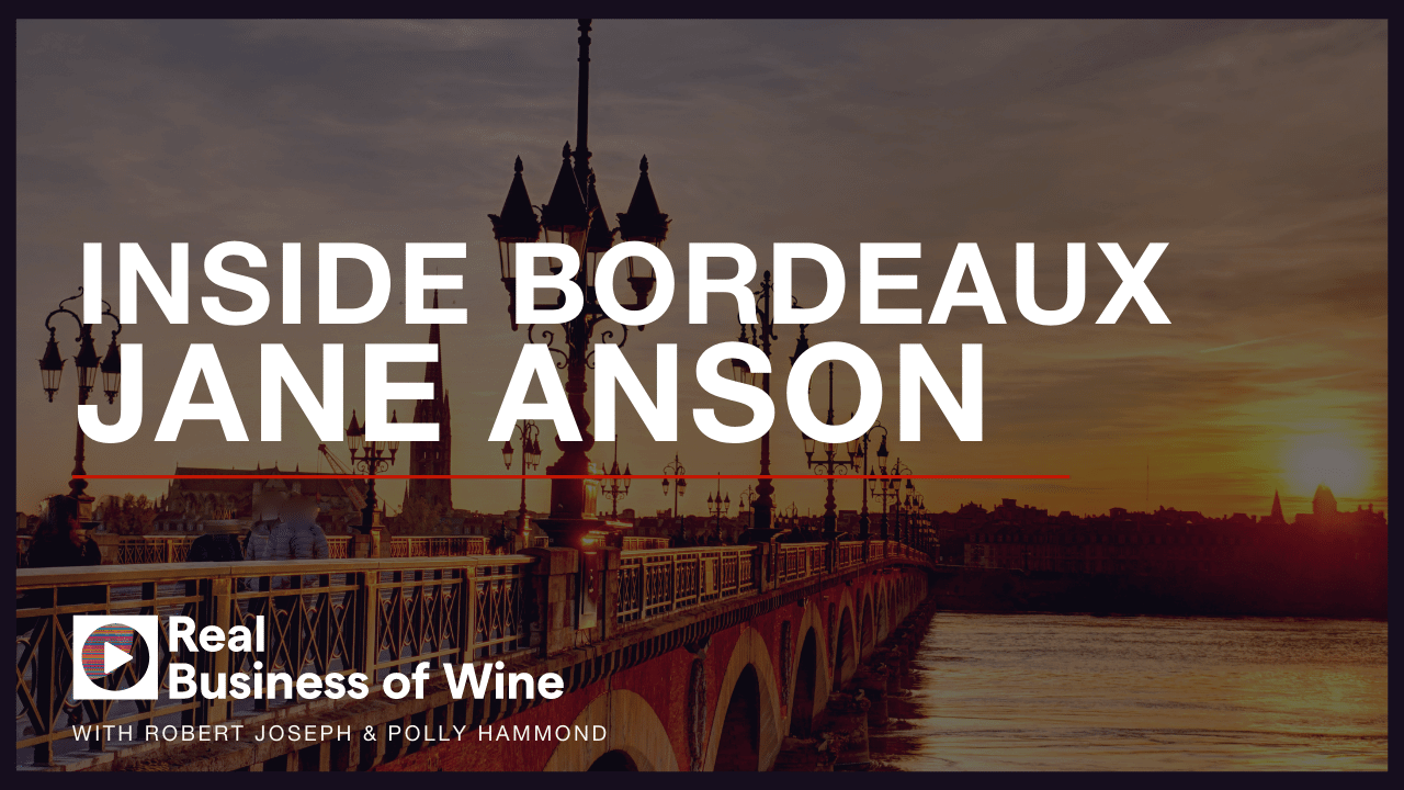 A picture of the sunset in a bridge in Bordeaux. Text says "Inside Bordeaux , Jane Anson".