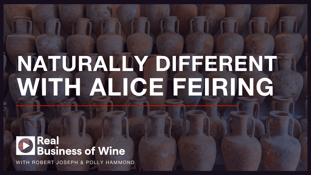 A picture of rows of amphoraes. Text says "Naturally different with Alice Feiring"
