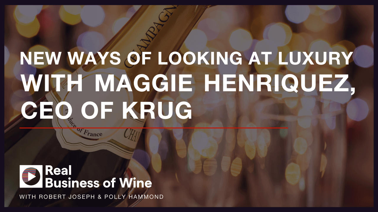 A sparkly picture of a champagne bottle and glasses. Text reads "New Ways of looking at luxury with Maggie Henriquez, CEO of Krug"
