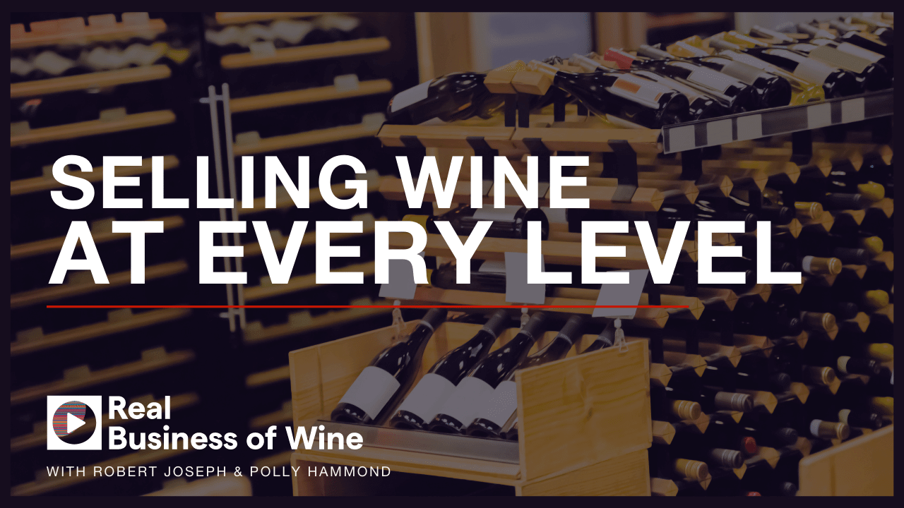 A picture of a wine shop, with many shelves of wine, and the text that says:Selling Wine at Every Level