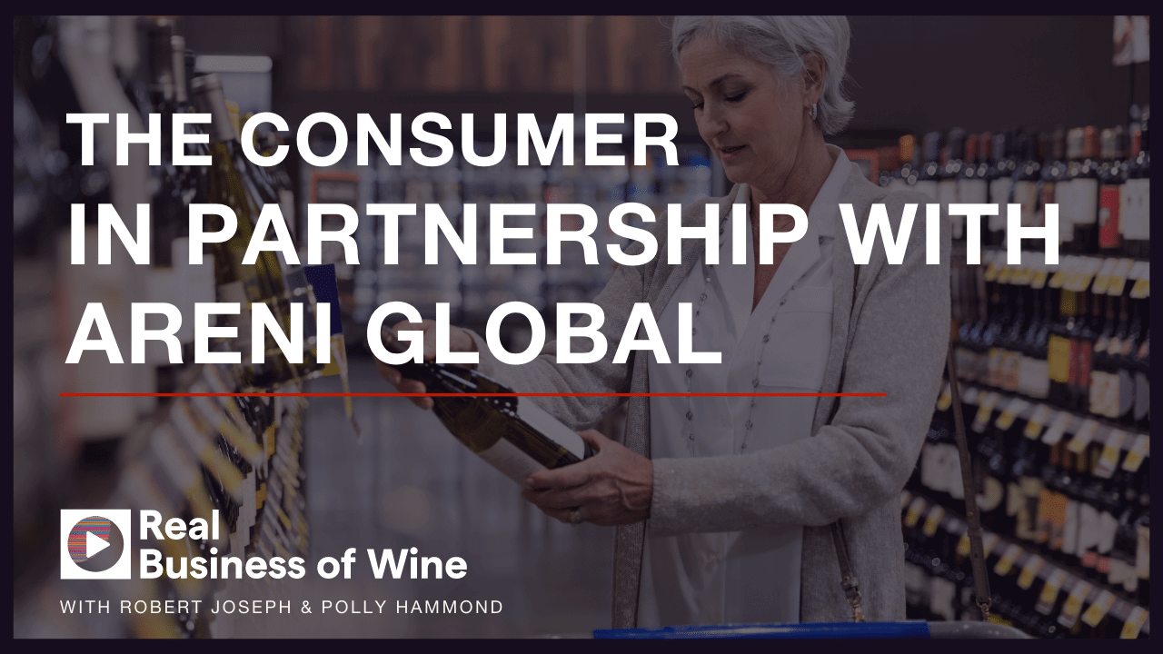 A picture of a senior lady reading a label of a wine bottle in a supermarket. Text reads "The consumer in partnership with Areni Global"