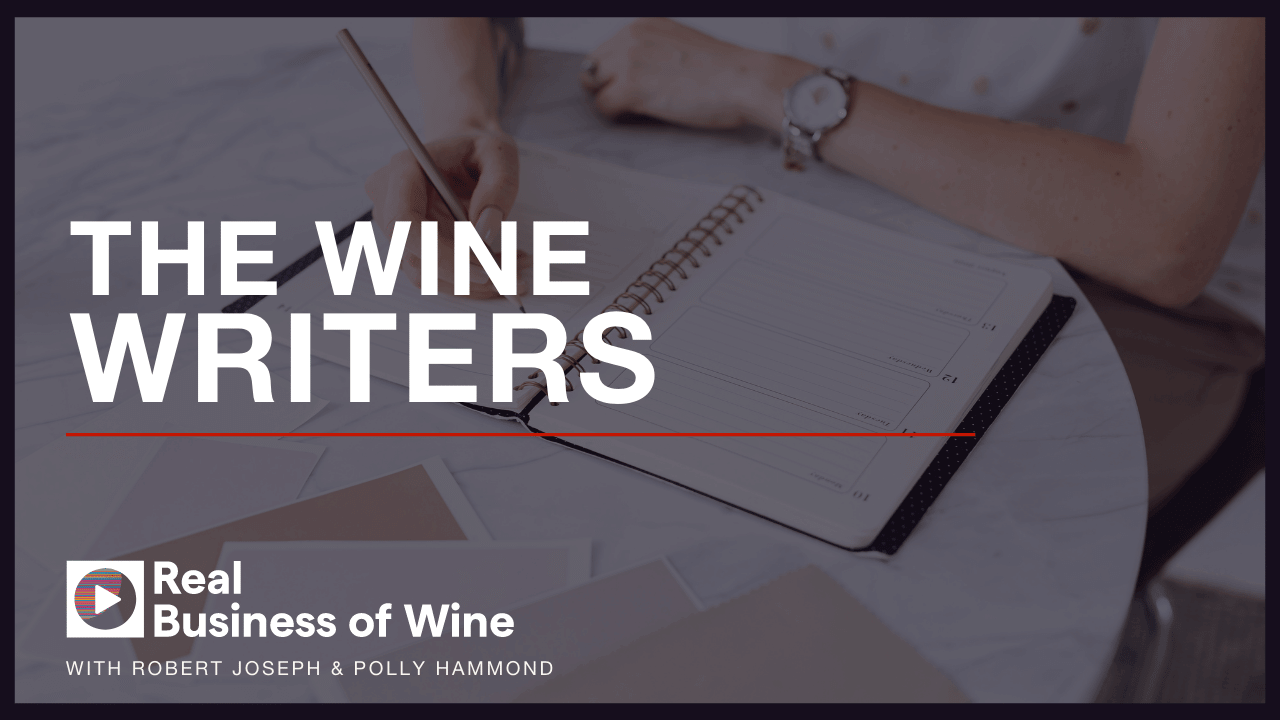 A picture of a woman scribbling in a notebook. Text that says "The wine writers"