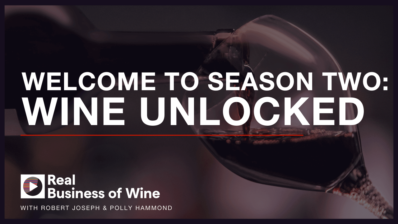 A bakground picture of a wine bottle being poured into a glass and the text saying: Welcome to Season Two: Wine Unlocked