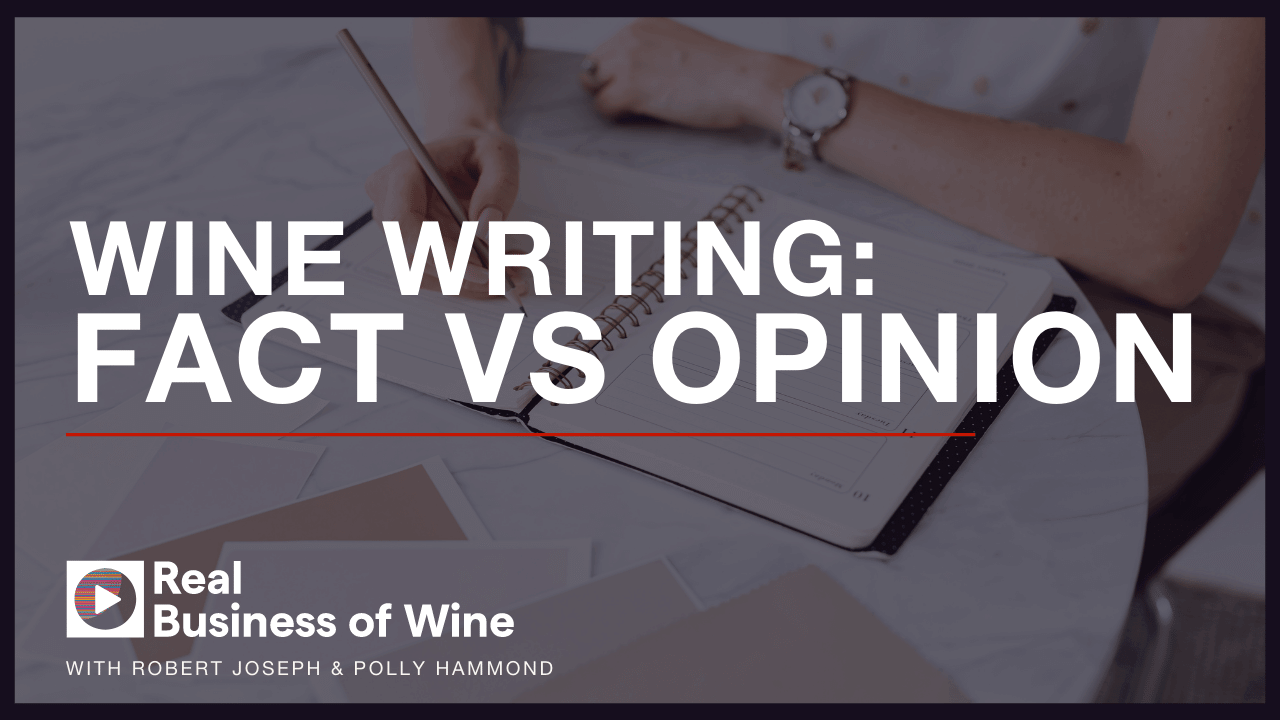 A picture of a woman scribbling in a notebook. Text that says "Wine writing: fact versus opinion"