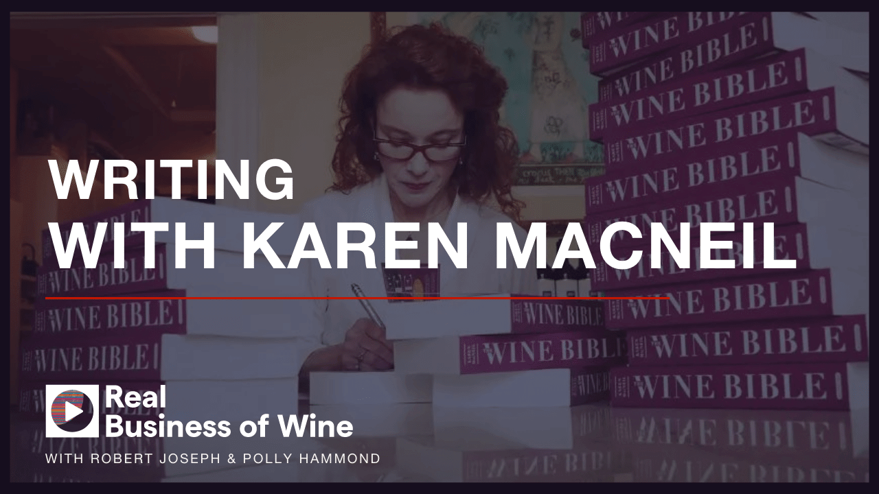 A picture of the wine author Karen MacNeil signing piles of the book "The Wine Bible", and the text that says Writing, With Karen MacNeil