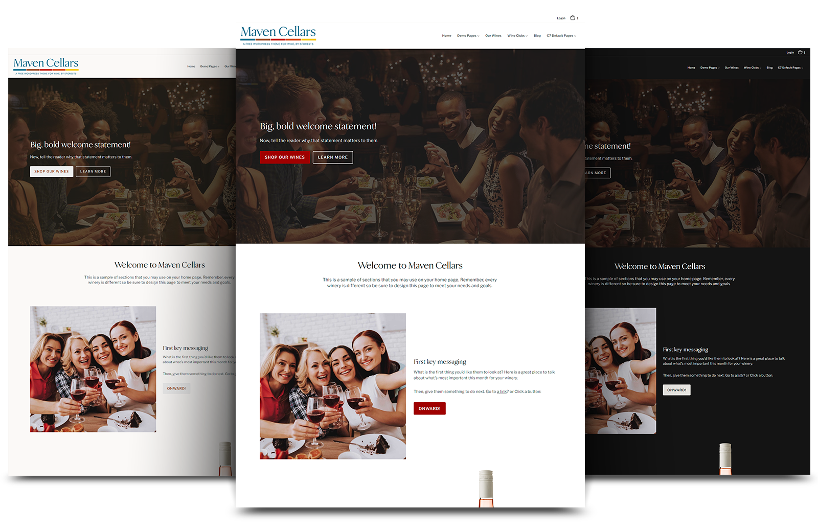 Three screenshots of website template featuring classic styling and three different color palettes.