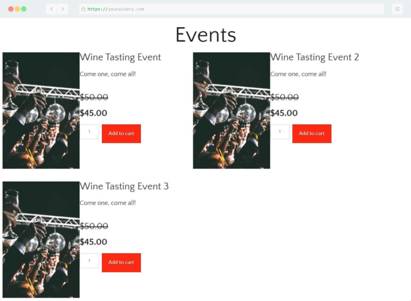 Commerce7 event tickets in a standard integration, showing the lack of any customization or event calendar similarities.