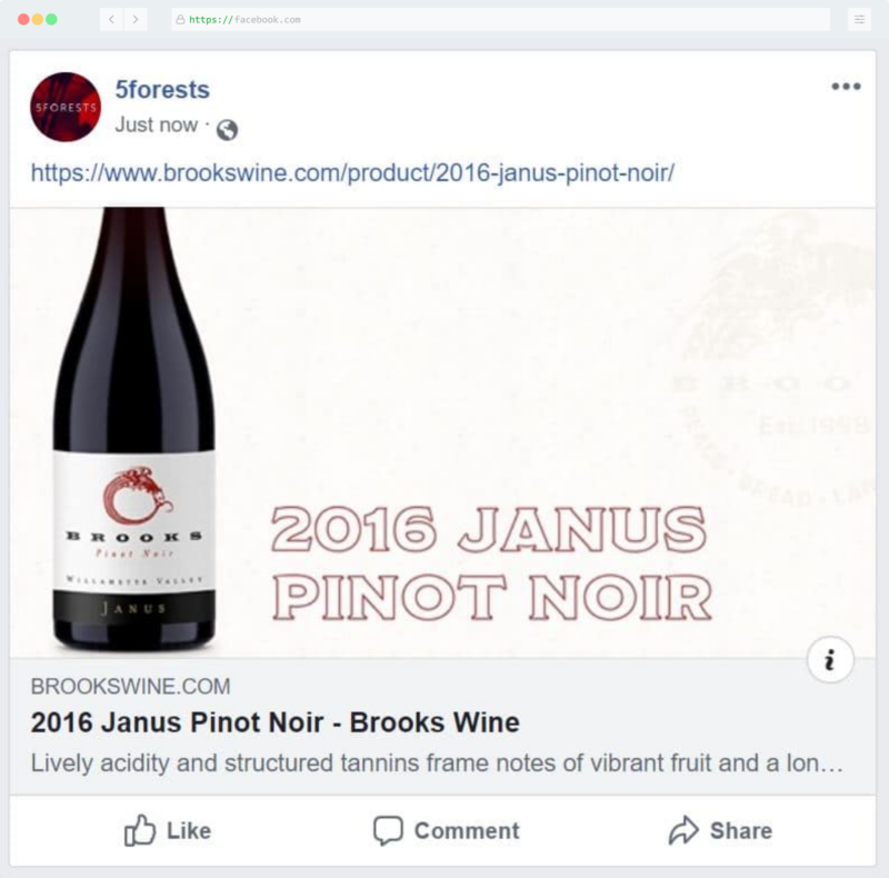 Commerce7 products being shared on Facebook on a 5forests custom build, demonstrating our integration has full product data such as title, description, and custom open graph image.