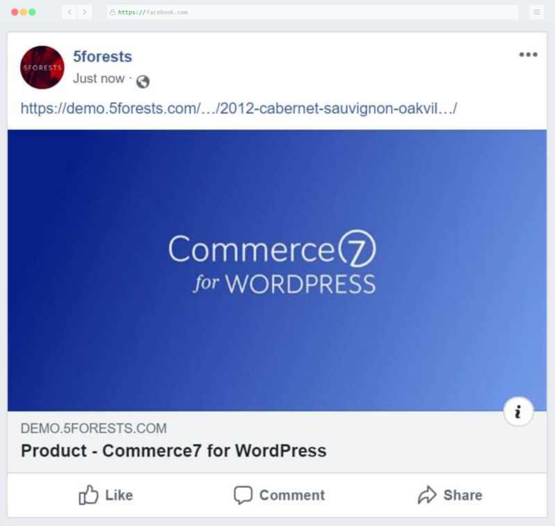 Commerce7 products being shared on Facebook on a website built by other agencies demonstrating the lack of any meaningful data.