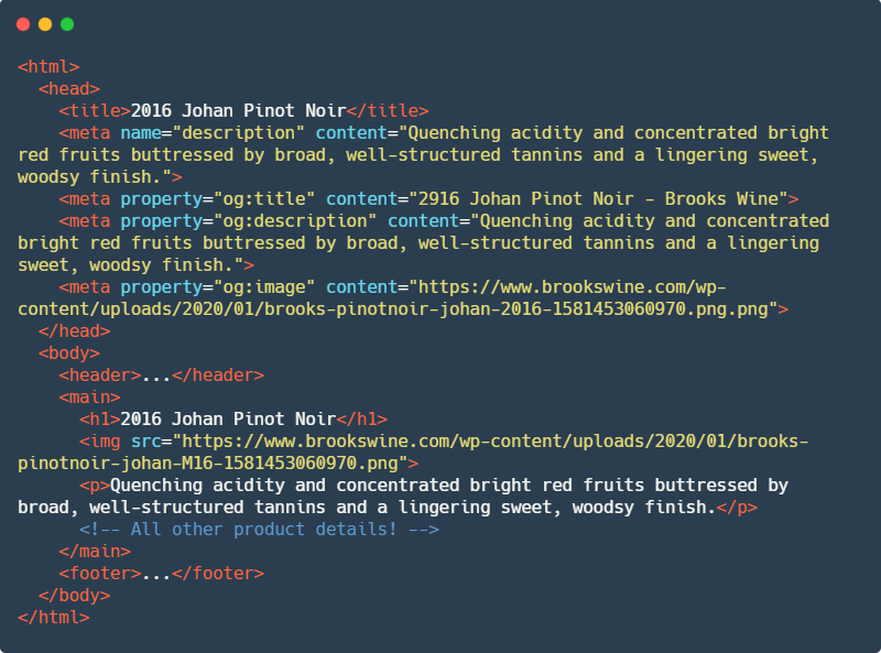 A screenshot of HTML code showing the full array of Commerce7 product data seen by Google during their first crawl of a website built by 5forests.