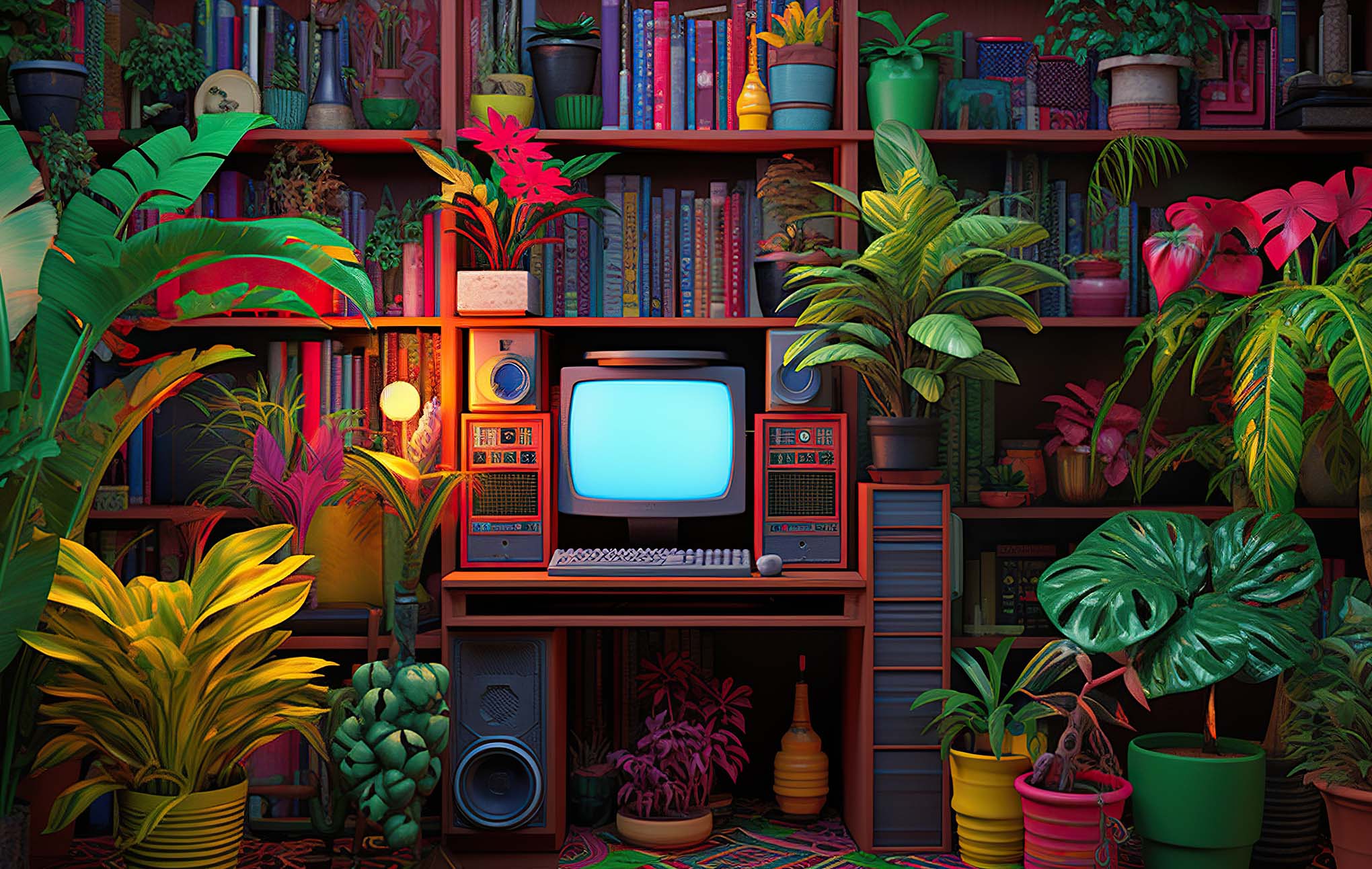 A vibrant scene featuring a vintage computer on a desk surrounded by lush indoor plants and colorful bookshelves filled with books, set in a cozy room illuminated by soft lighting.