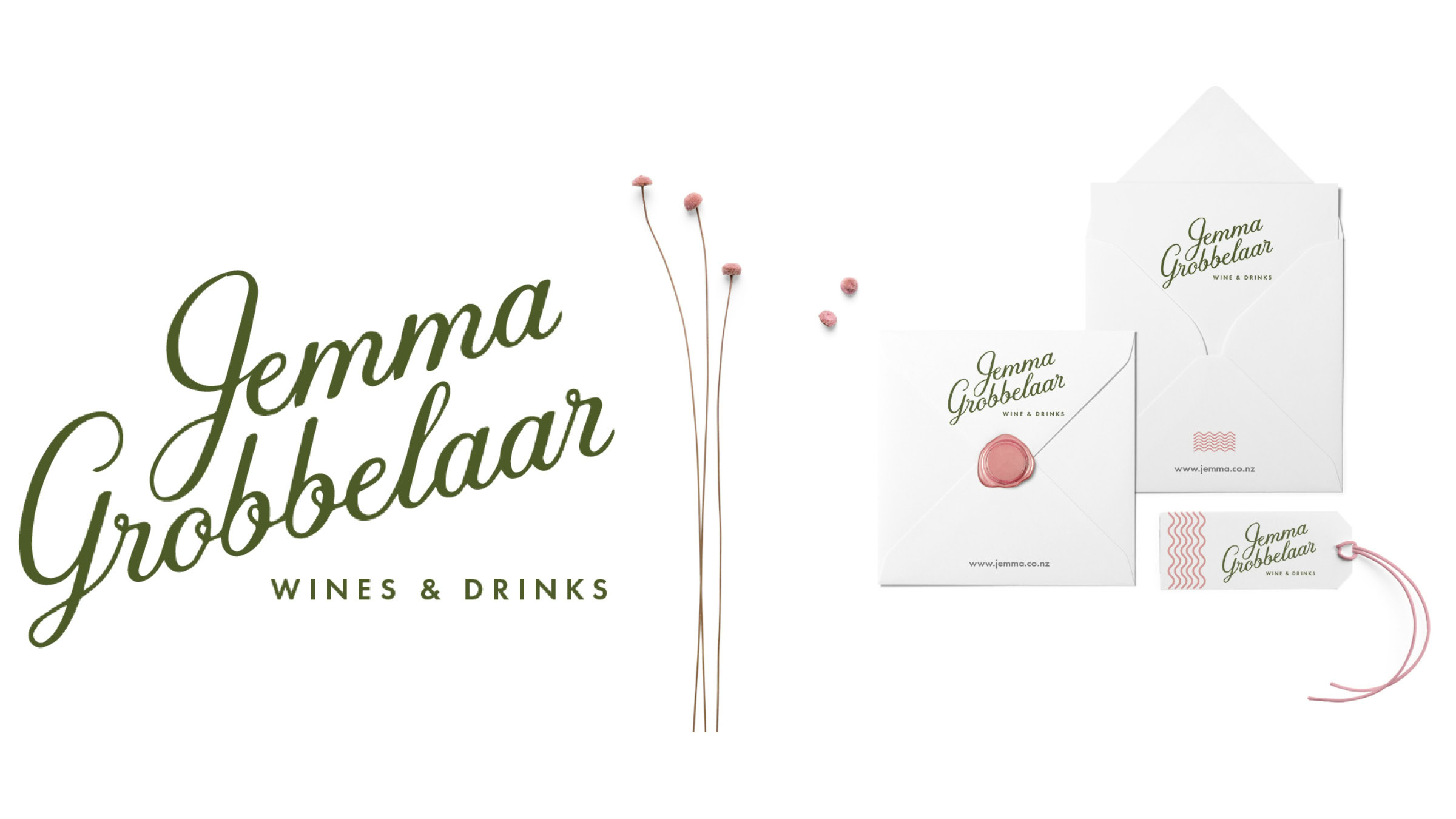 Jemma Grobbelaar Wine & Drinks branding demonstrated on various print collateral 