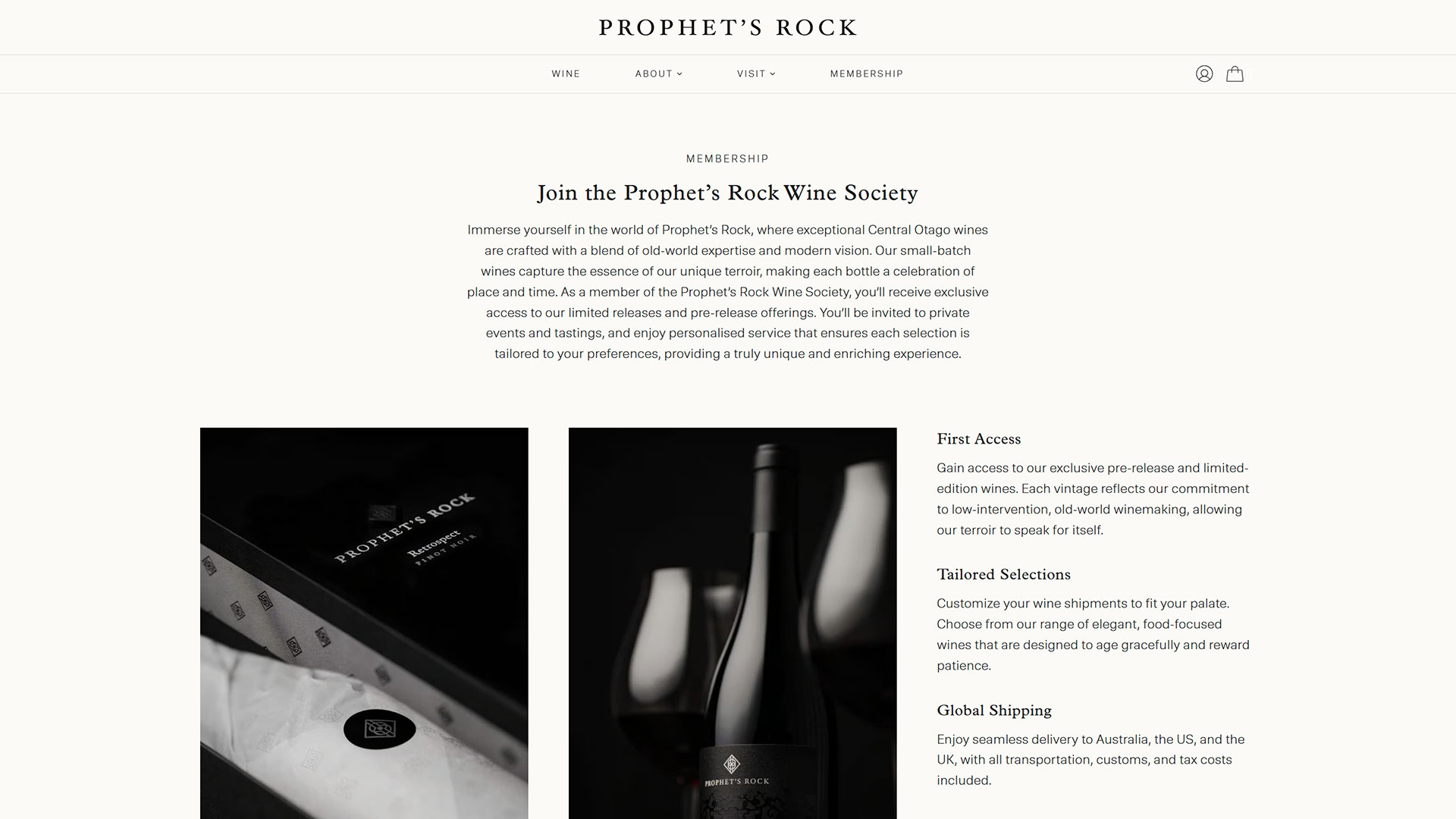 Prophet’s Rock Wine Society membership page featuring elegant packaging with branded tissue and a boxed Pinot Noir bottle, alongside glasses of red wine and descriptive text highlighting first access, tailored selections, and global shipping.