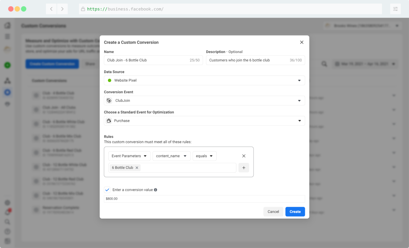 create a custom conversion in Facebook to track your club signups