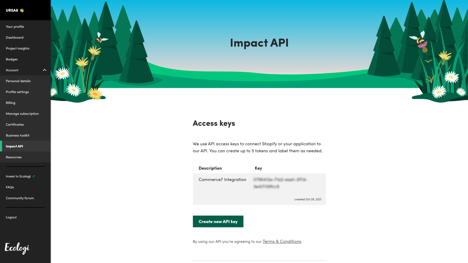 API key generated on Ecologi