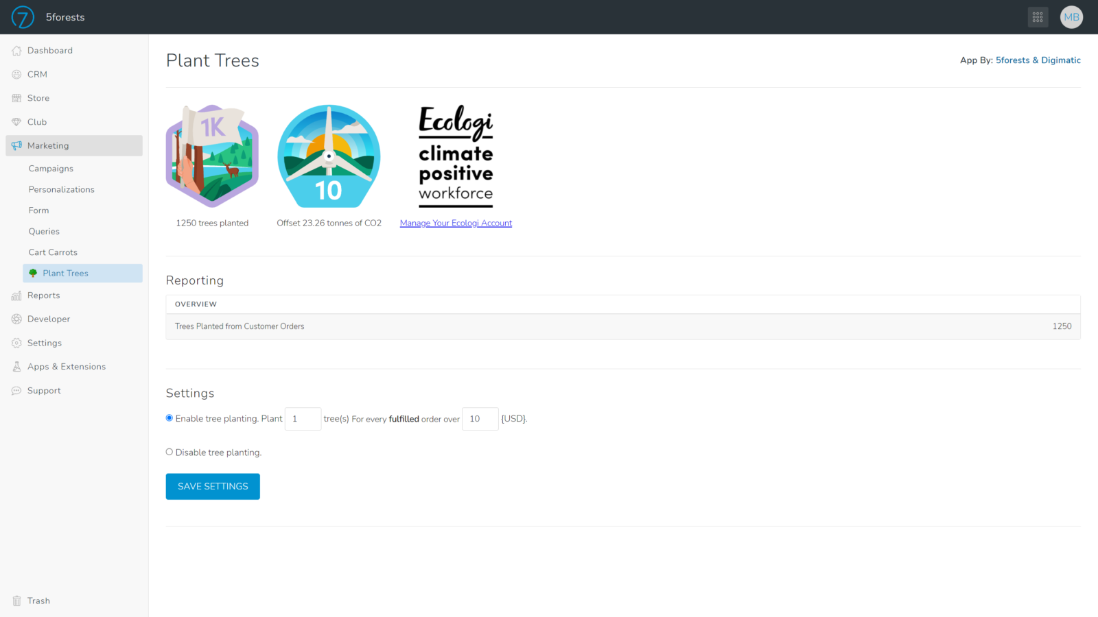 Plant trees settings screen on Commerce7