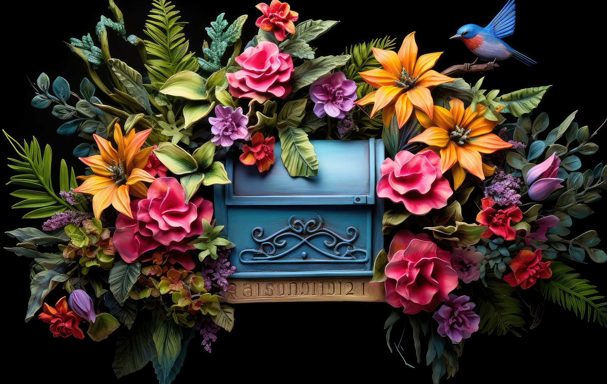An ornate blue mailbox adorned with a lush assortment of colorful flowers and greenery, with a vibrant bluebird in flight towards the mailbox, set against a black background.