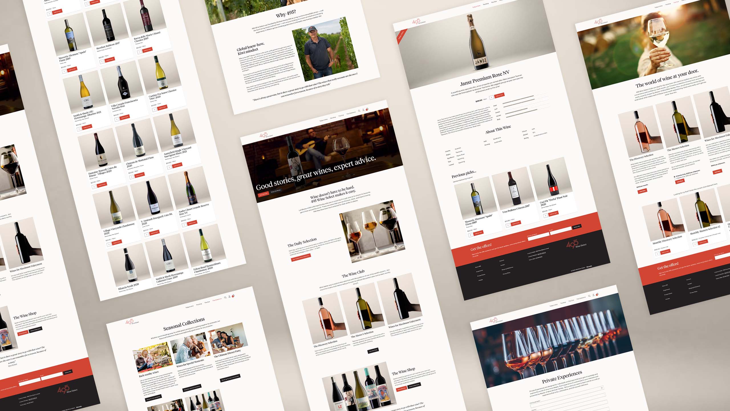 Styled mockup showing various 495 Wine Select website pages designed by 5forests