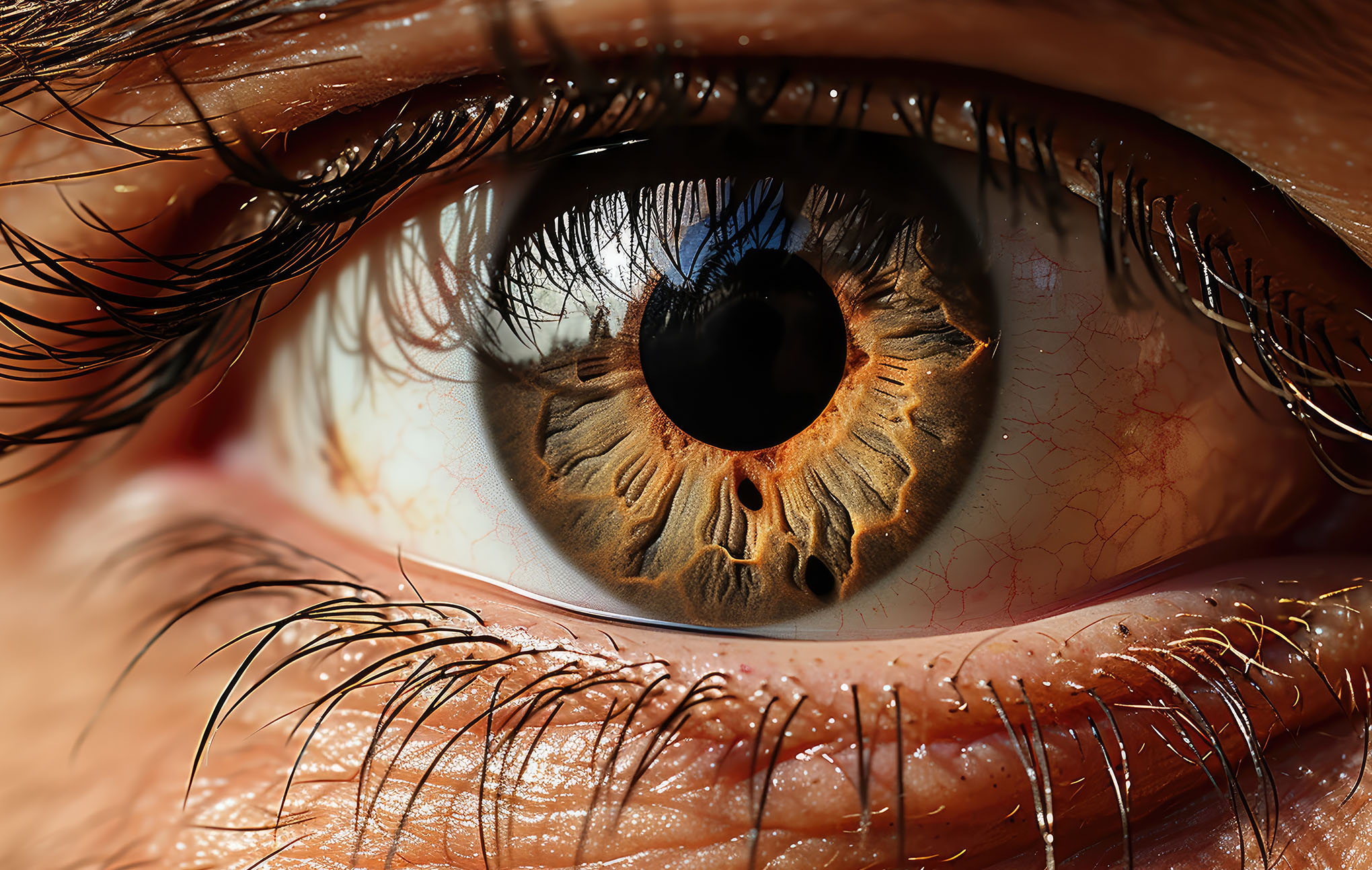 A highly detailed close-up of a human eye, highlighting the intricate patterns of the iris, visible blood vessels in the sclera, and textured eyelashes. the pupil is dilated, reflecting a vivid blue sky.