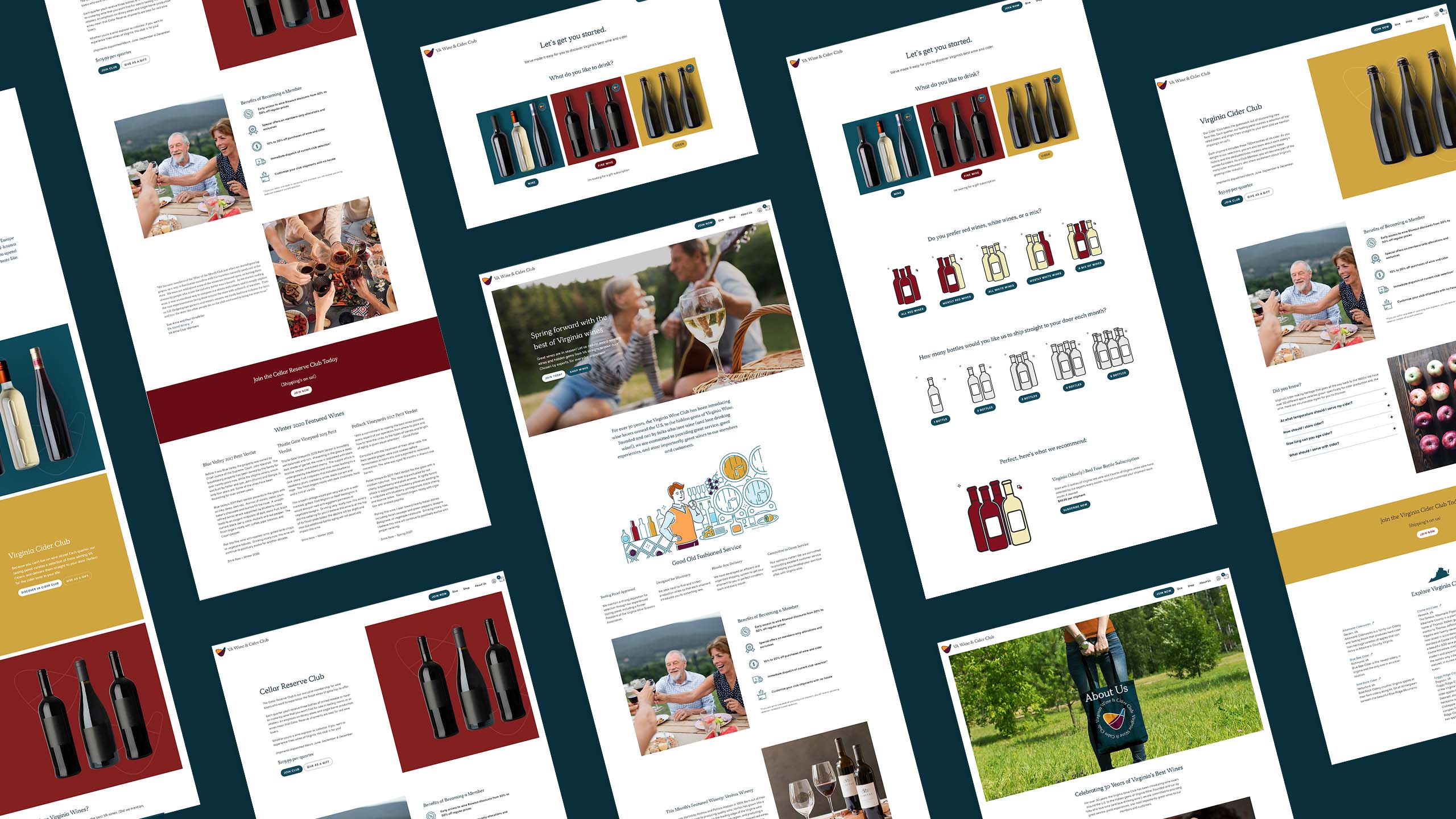 Stylized mockup showing various pages from the Virginia Wine Club website designed by 5forests