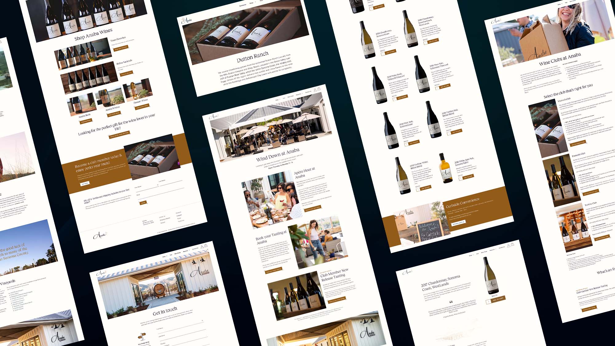 Stylized mockup showing various pages of the Anaba Wines website as designed and built by 5forests