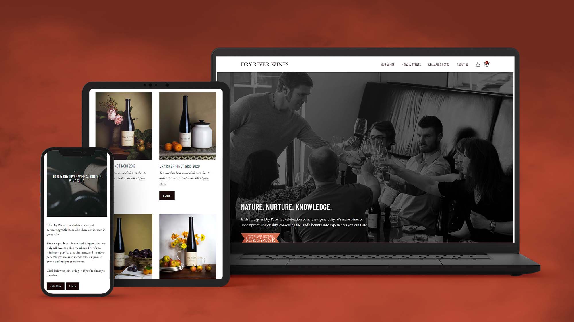 A mockup showing the Dry River Wines website on 3 different devices to demonstrate responsiveness 