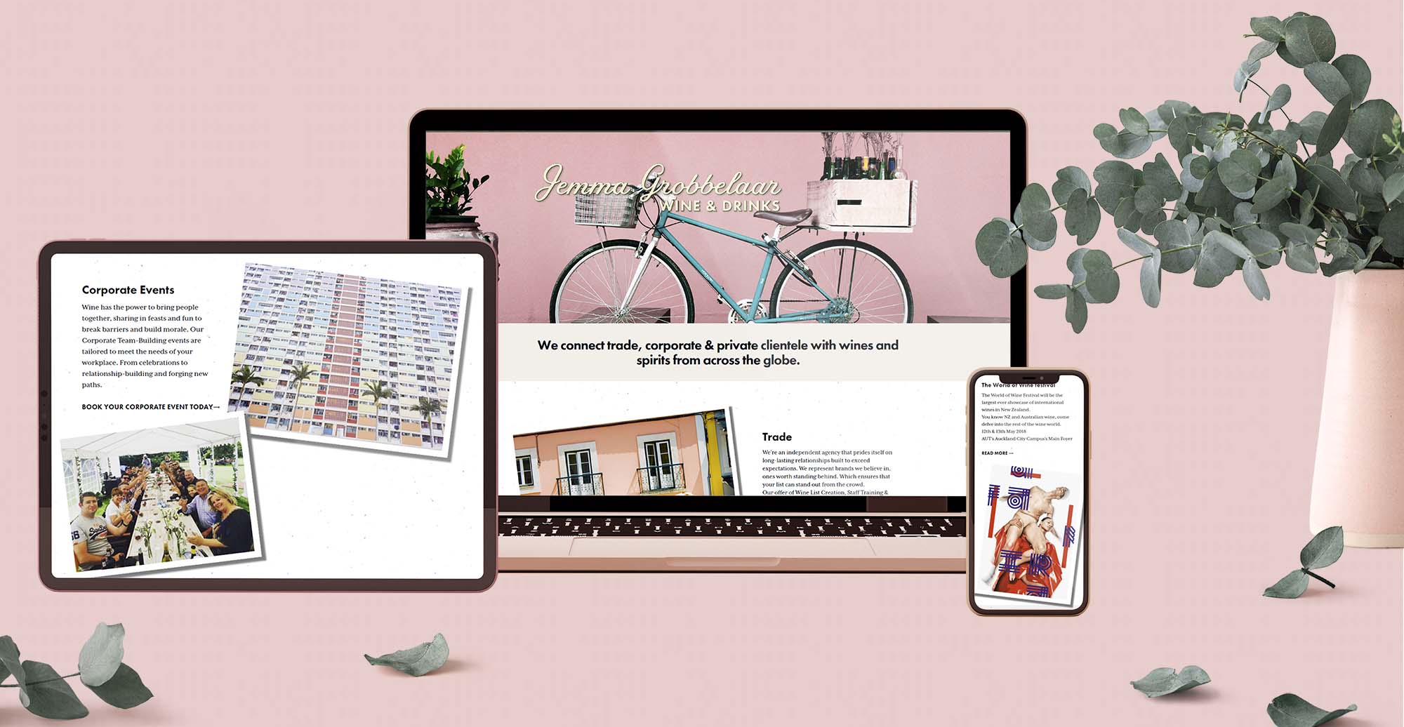 A mockup of the Jemma Grobbelaar Wine & Drinks website on 3 devices to demonstrate responsiveness.