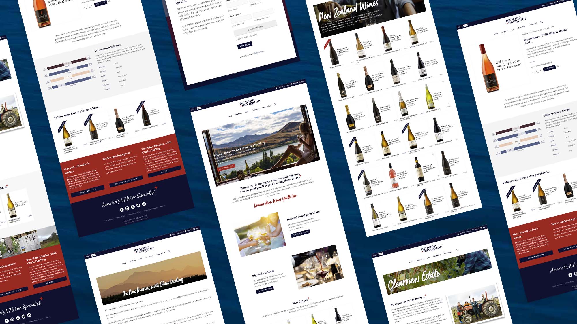 A stylized mockup of the NZ Wine Navigator website pages as designed by 5forests.