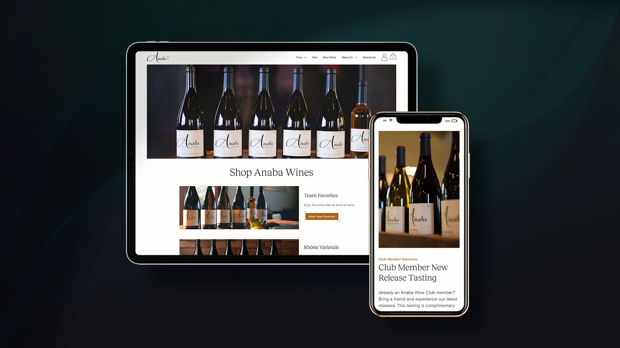 Phone and tablet views of Anaba Wines website pages.