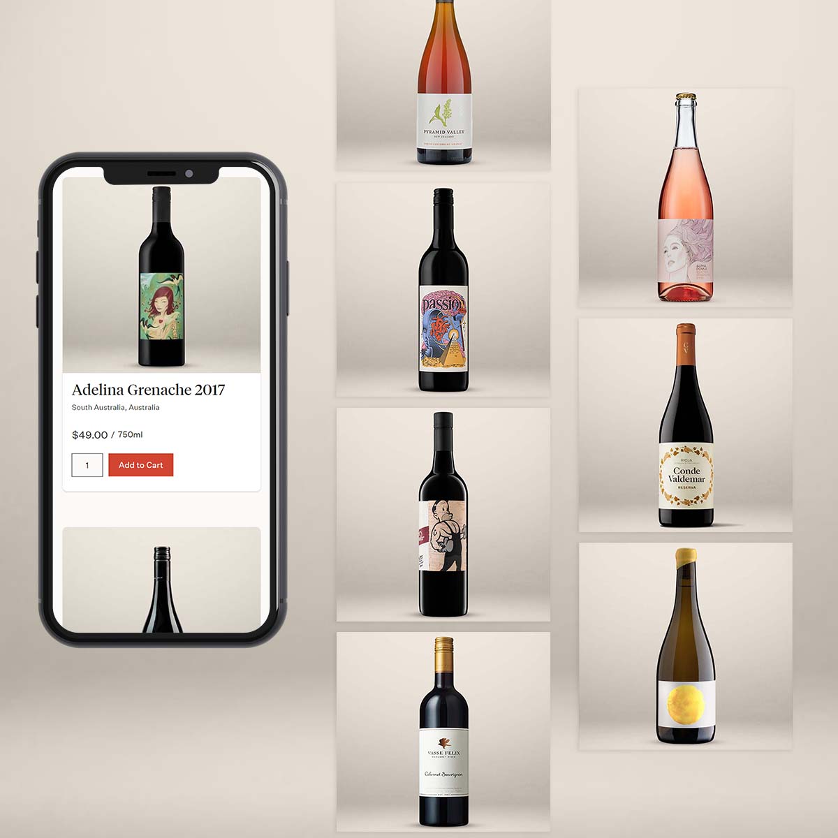 a filmstrip of images showing the art direction for wine bottles sold on 495 Wine Select