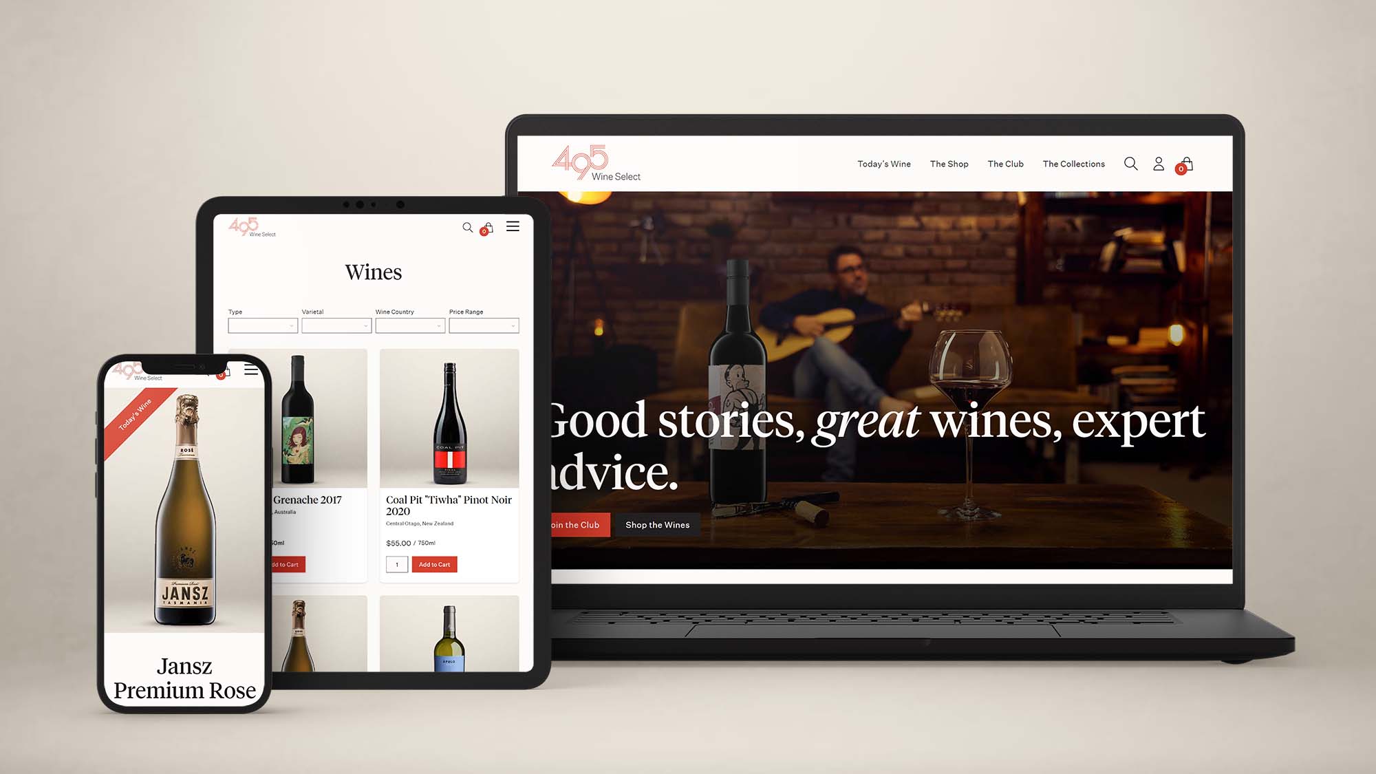 Phone, tablet and laptop views of 495 Wine Select website pages.