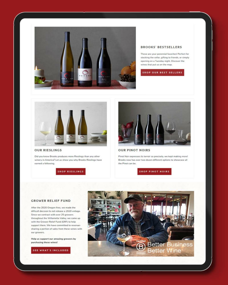 An example of the Brooks Wine site on a tablet