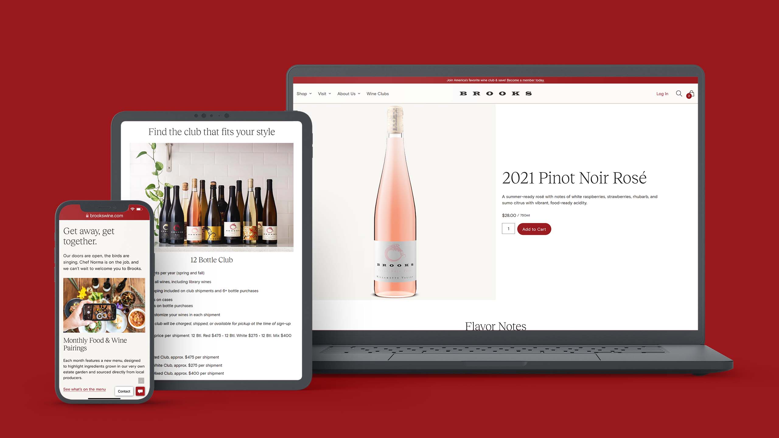 Mockups of the Brooks Wine website on 3 devices to demonstrate responsiveness 