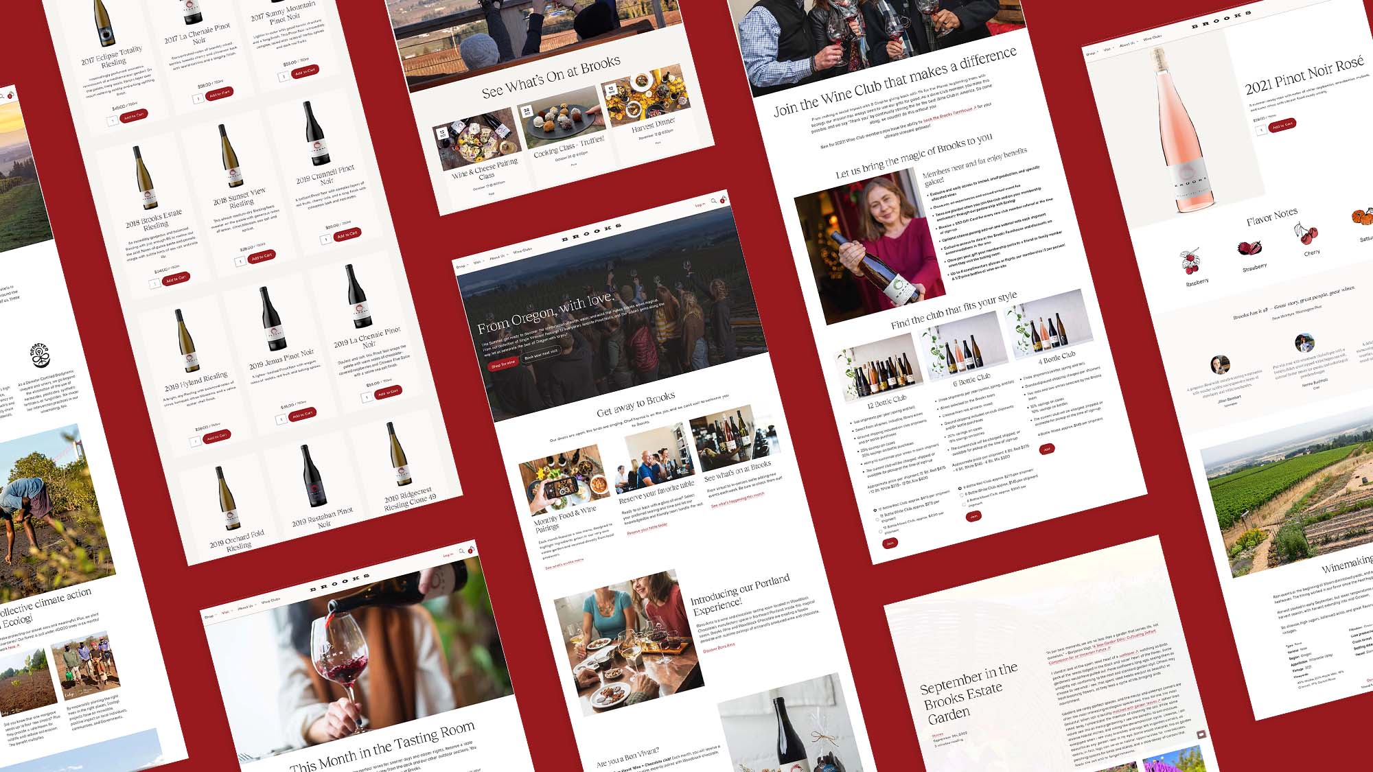 Styled mockups of the new Brooks Wine website as created by 5forests in 2022.