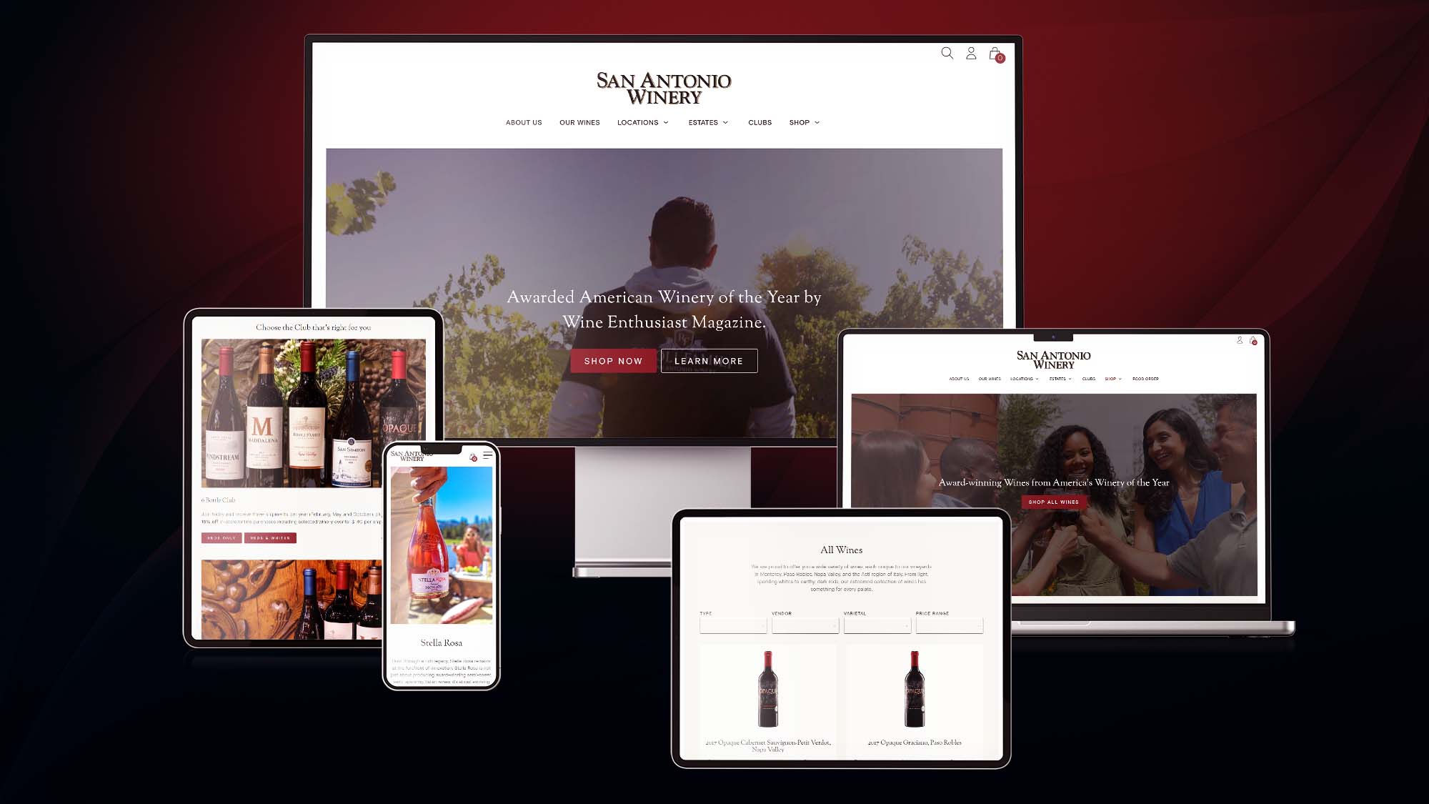 Display of pages from San Antonio Winery website, shown on phone, tablet portrait, tablet horizontal, laptop, and large desktop monitor.