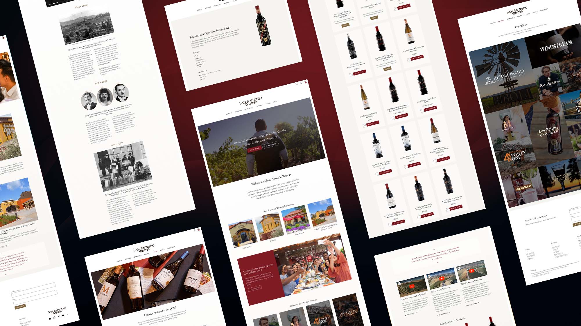 Styled mockup showing various pages on the San Antonio Winery website as designed and built by 5forests
