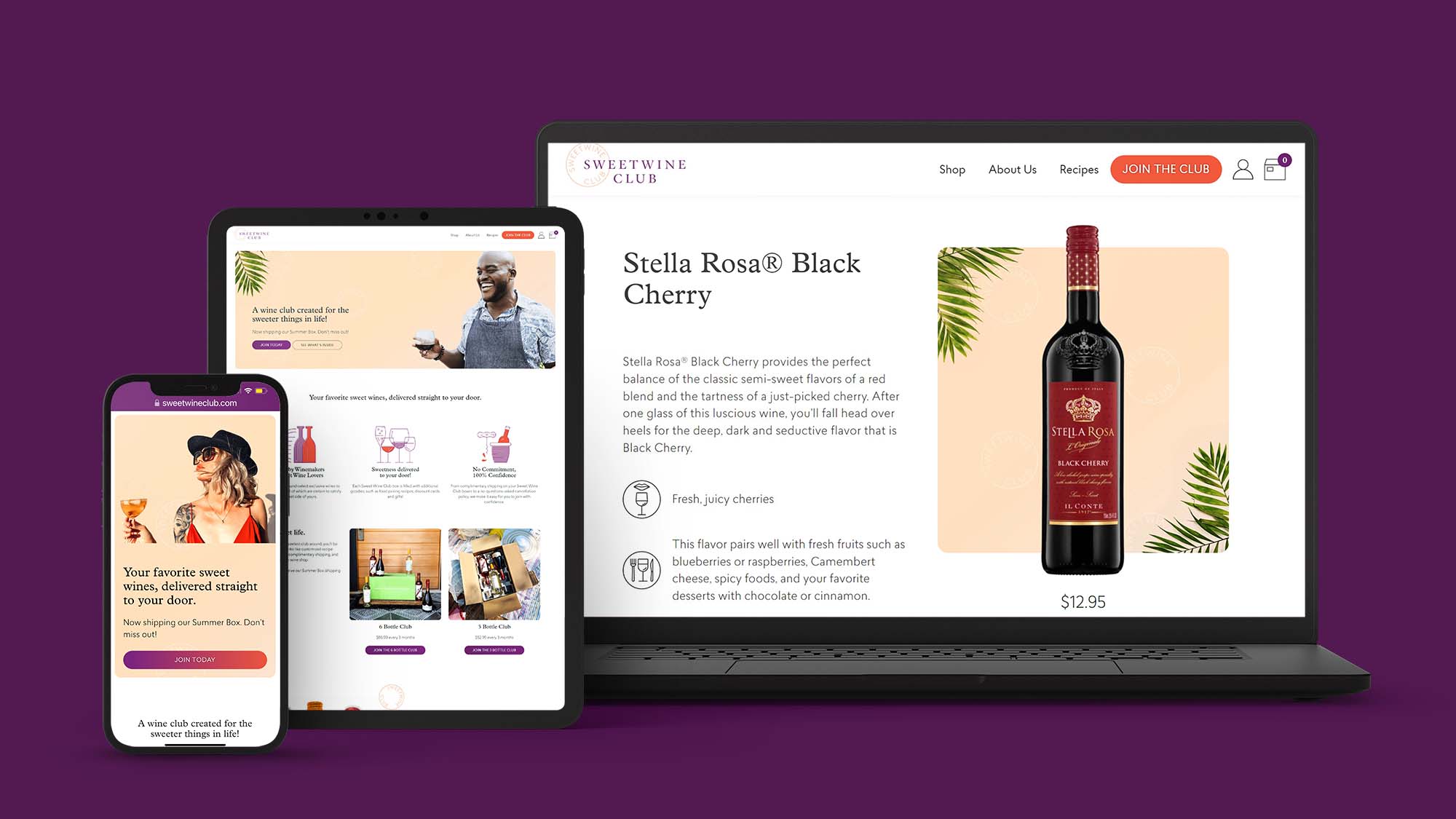 Sweet Wine Club website mocked up into 3 different devices to demonstrate responsiveness 