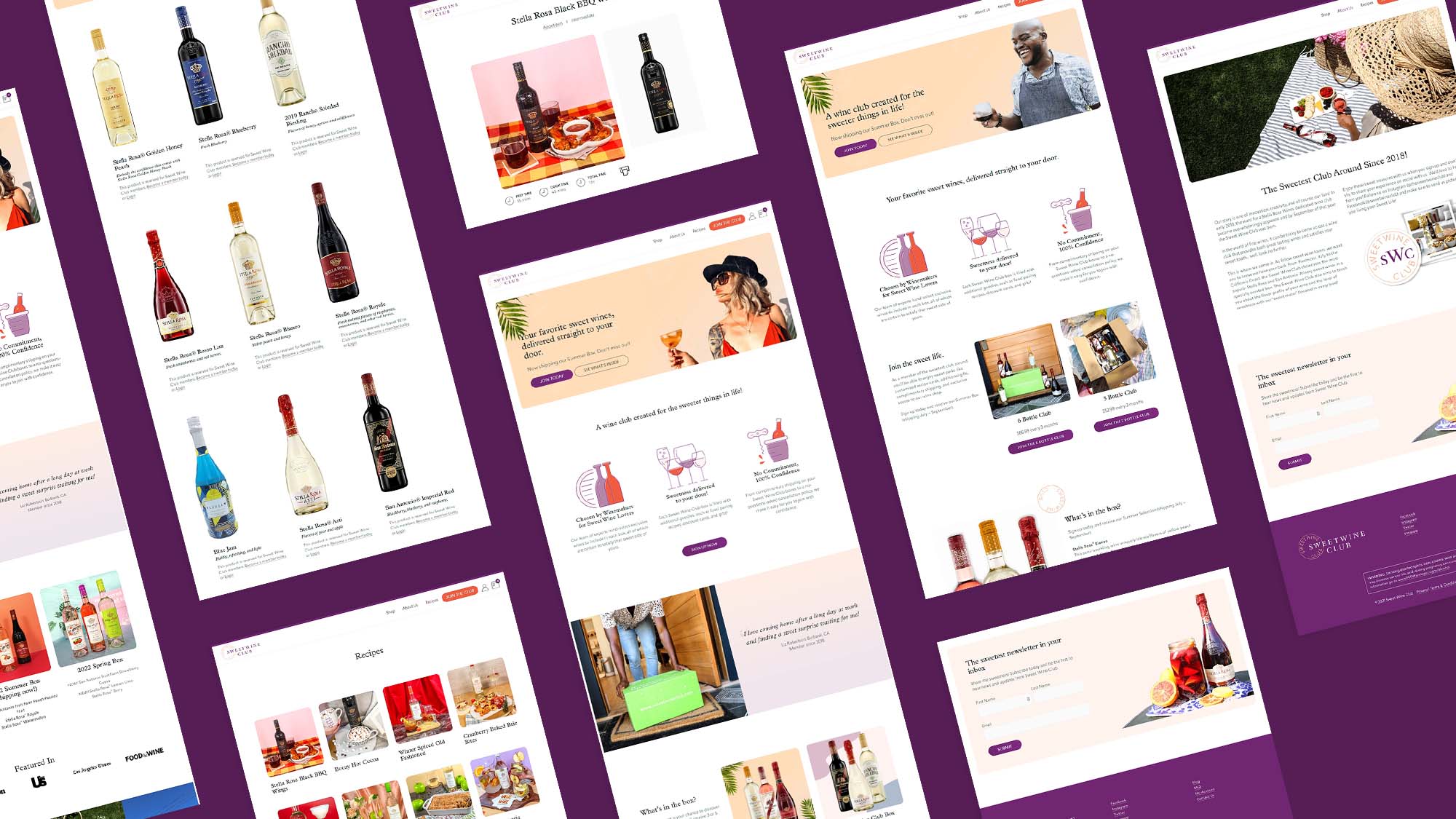 Mockup showing the various pages of Sweet Wine Club's website designed by 5forests