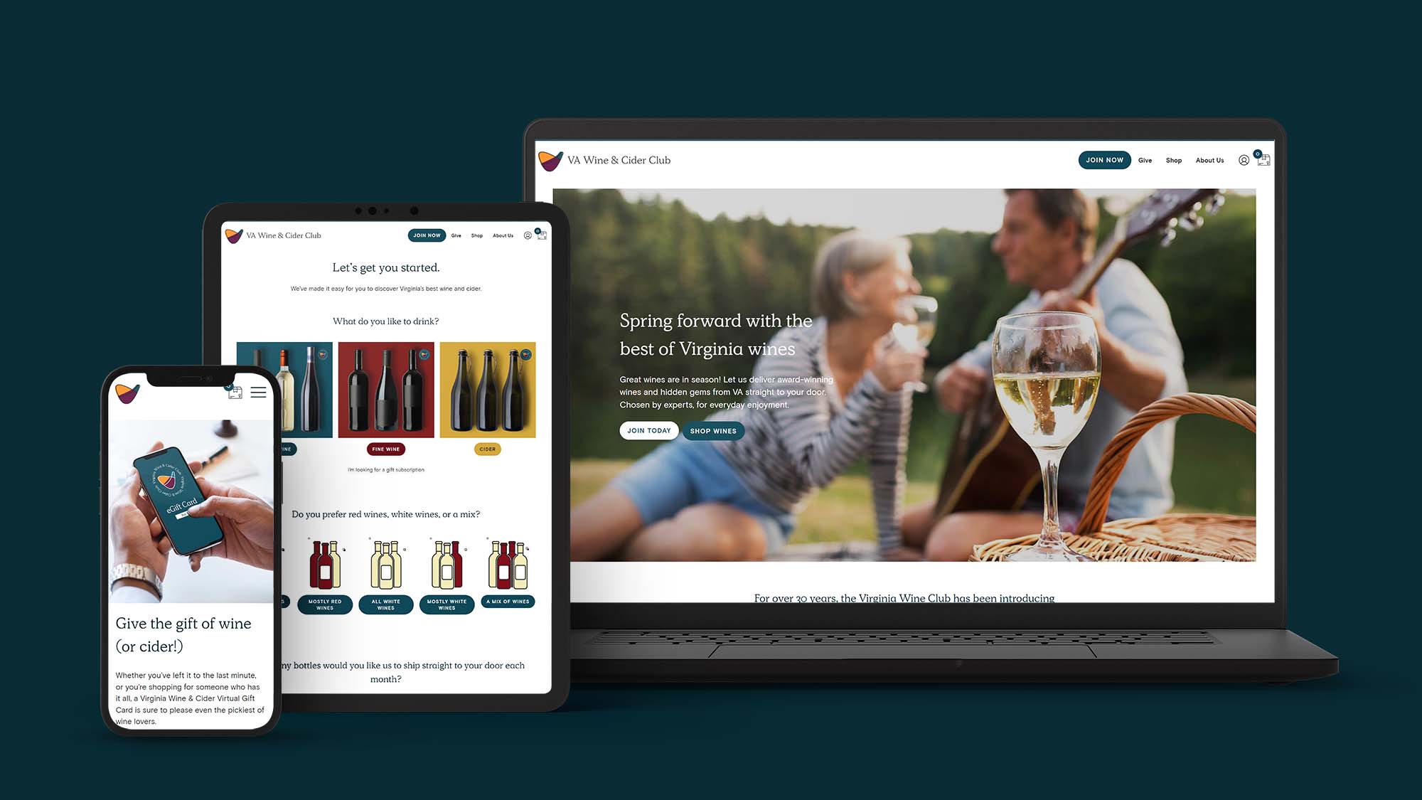 Mockup showing the Virginia Wine Club website on 3 devices to demonstrate responsiveness