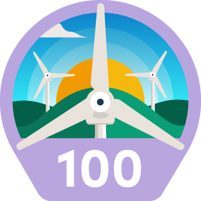 Circular shaped badge with sun and windmills, reads "100"
