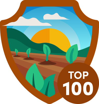 Shield-shaped bade with plantings and sun, reads "Top 100"