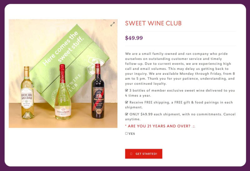 Sweet Wine Club website before 5forests was hired