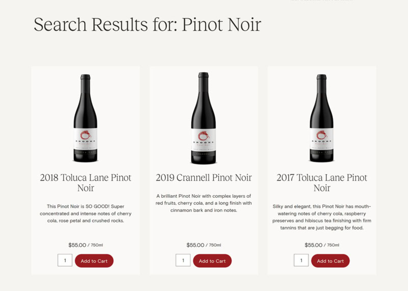 Screenshot of Search results showing three bottles of wine with Add to Cart buttons. Product search on Commerce7 is exclusive to 5fdorests.