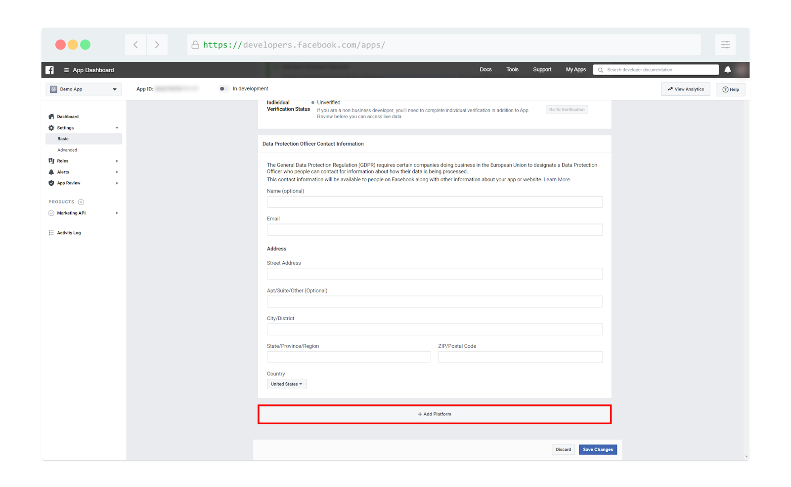 facebook business app settings platform button