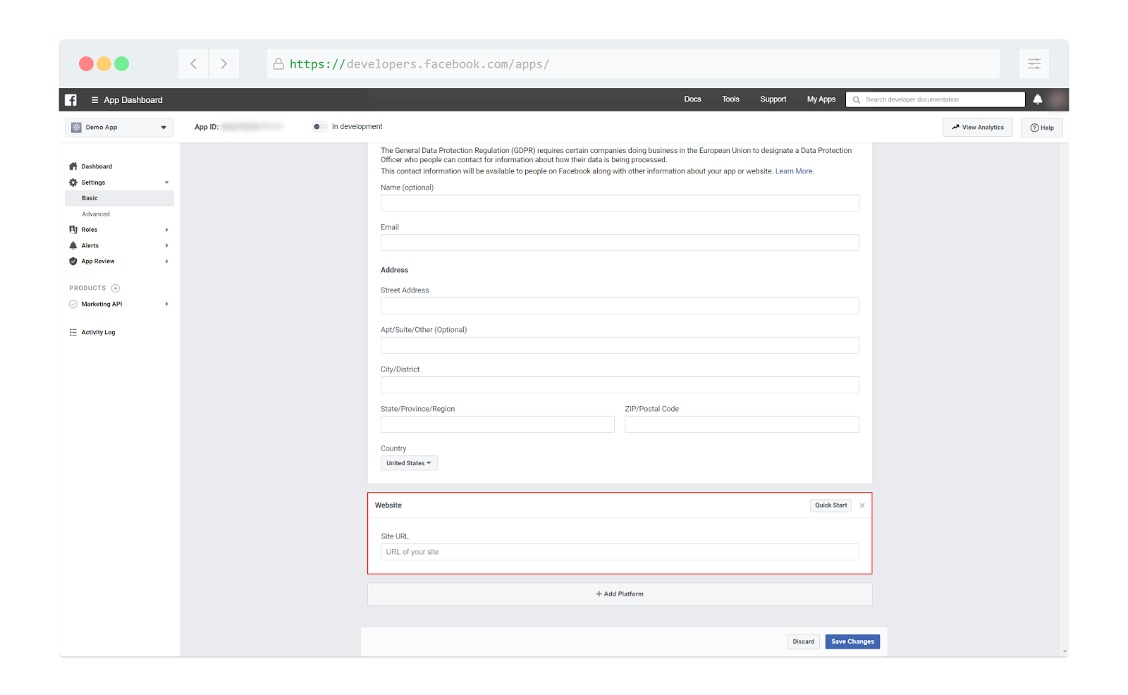 facebook app business settings website field