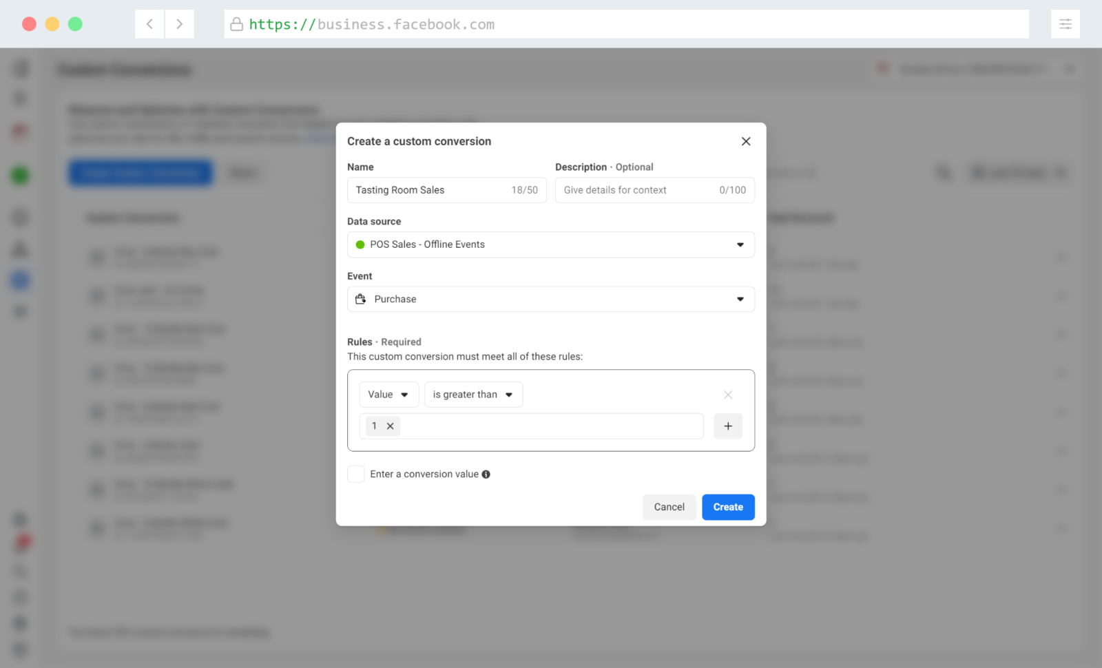 create a custom conversion in Facebook to track your POS sales